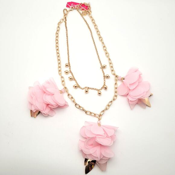 Lilly Pulitzer Pink Flower Petal Statement Necklace Layered Gold Tone Chain - Picture 1 of 6